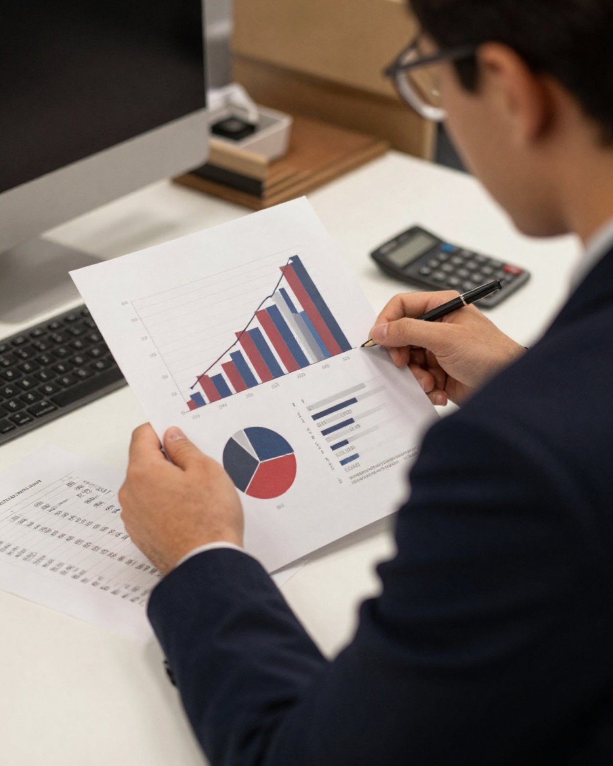 Consultor analizando gráficos de crecimiento y reportes financieros